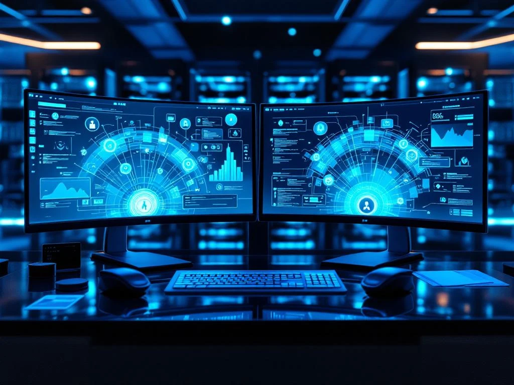 Modern cybersecurity command center with dual monitors showing network diagrams, biometric scanners on desk, blue lighting