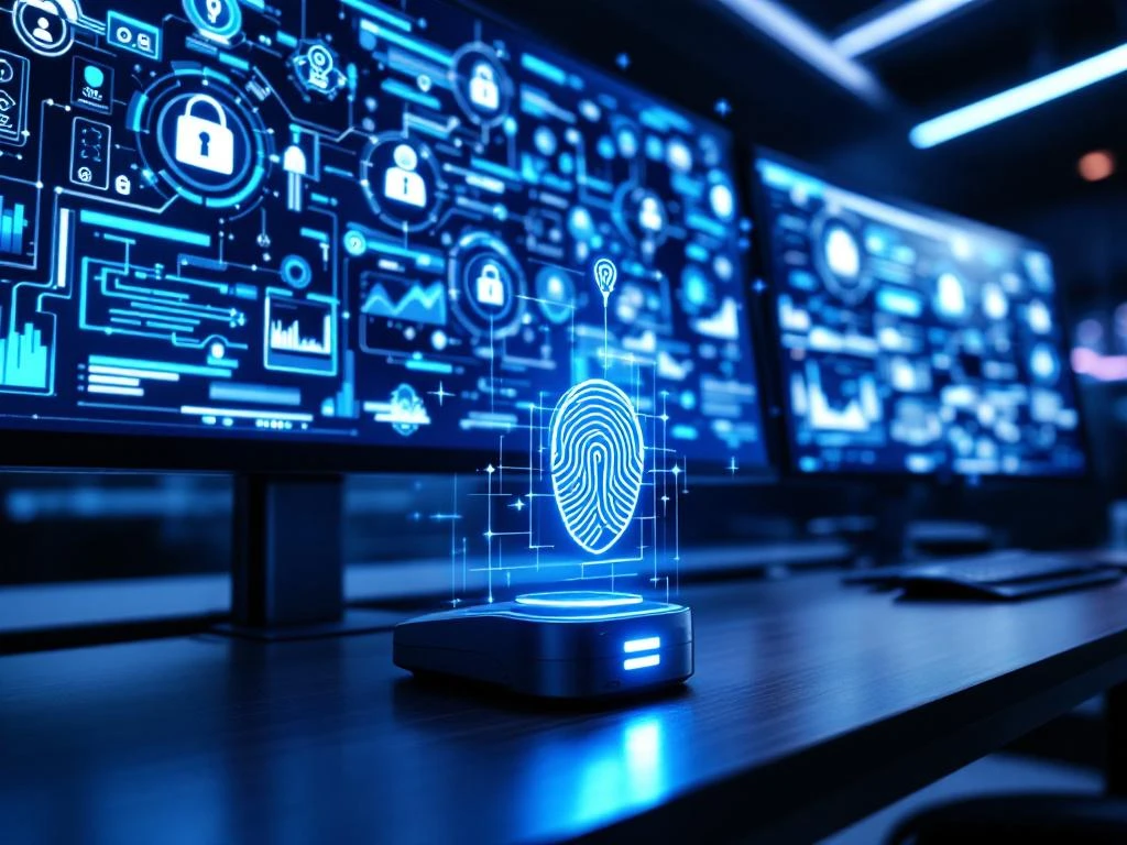 Modern cybersecurity command center with glowing monitors, biometric scanner, and holographic digital identity icons