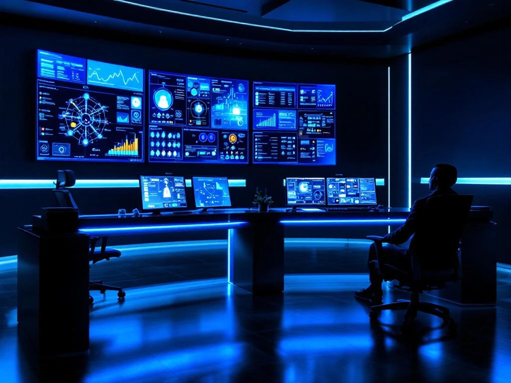 Modern cybersecurity command center with dual workstations showing network security dashboards and threat analytics displays