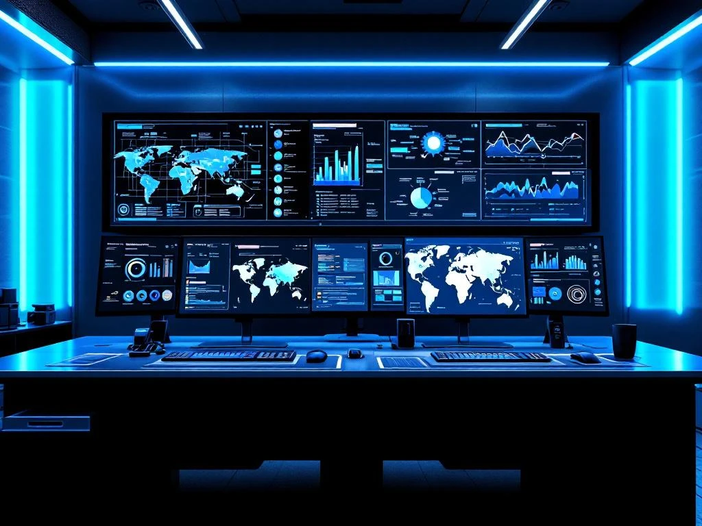 Modern cybersecurity command center with dual workstations, multiple monitors showing network data and threat maps in blue lighting