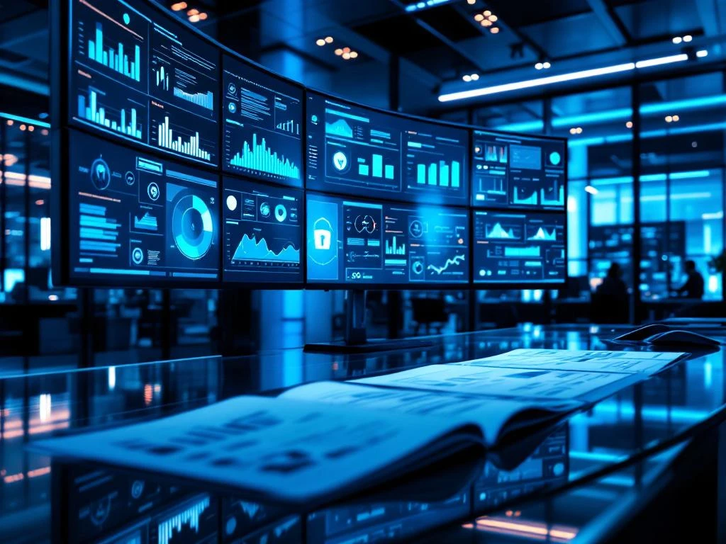 Modern cybersecurity command center with curved monitors displaying security dashboards, executive desk with planning documents, and high-tech office environment with blue accent lighting.