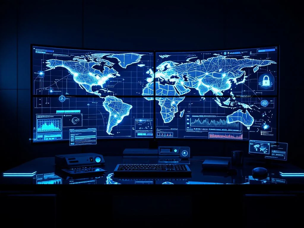 Modern cybersecurity command center with curved monitors displaying global network maps, threat indicators, and holographic data visualizations in blue lighting.