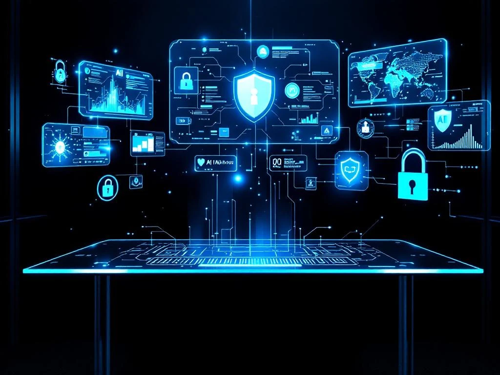 Cybersecurity command center with holographic AI displays, security analytics, and digital interfaces on modern glass desk
