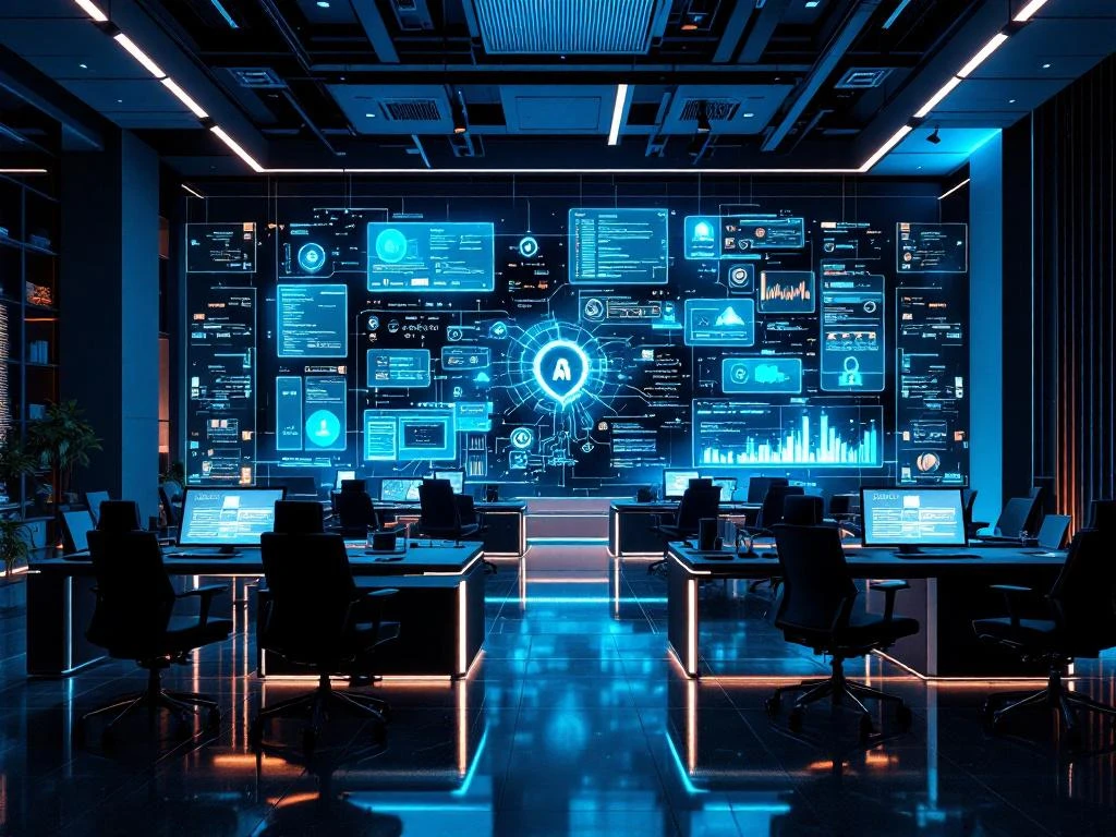 Modern cybersecurity command center with holographic AI displays, blue lighting, and futuristic workstations showing data visualizations.