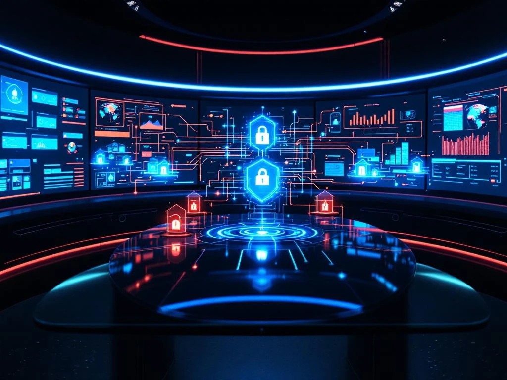 Modern cybersecurity command center with curved monitors showing network diagrams and holographic IT infrastructure models
