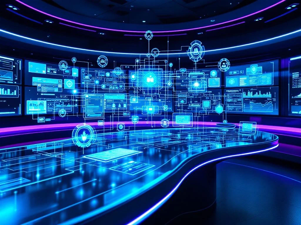 Modern cybersecurity command center with curved glass desk, holographic network displays, and blue digital interfaces