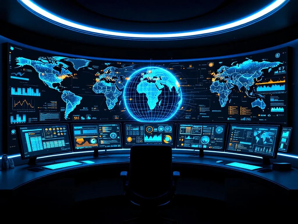 Cybersecurity command center with curved monitors displaying world maps, glowing threat indicators, and holographic globe.