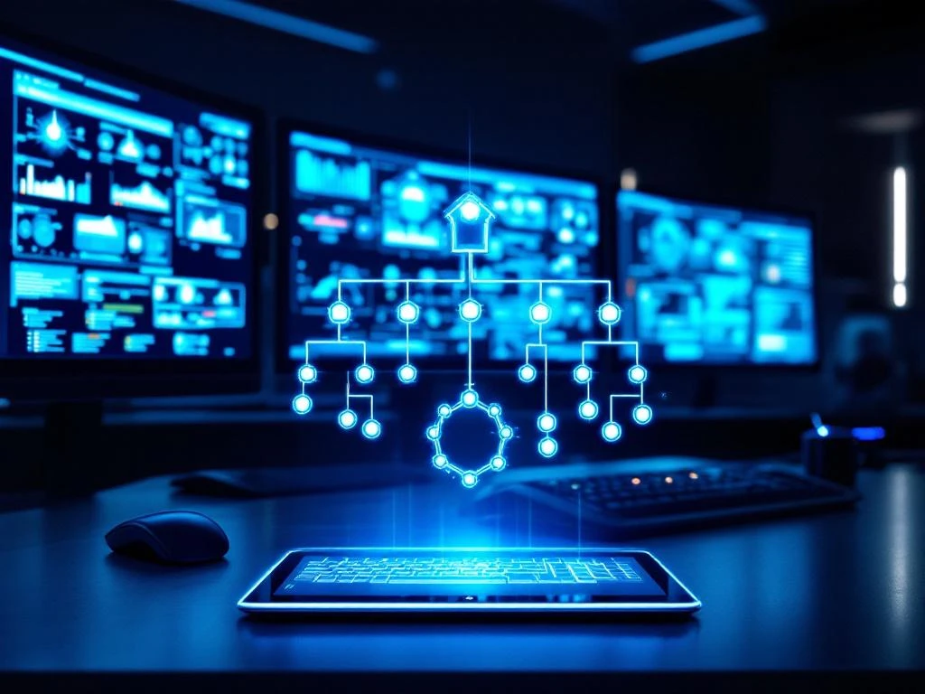 Holographic organizational chart projects from tablet in modern cybersecurity command center with glowing blue monitors and dashboards