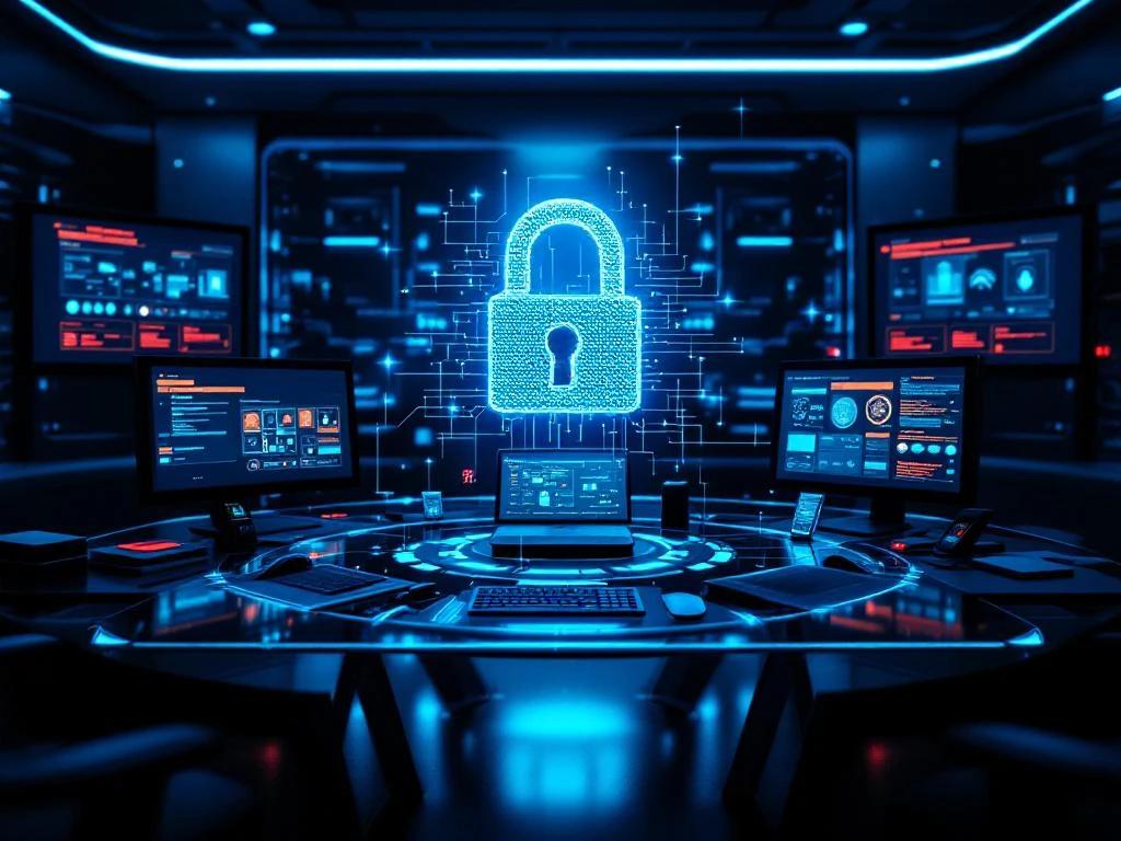 Digital padlock hologram floating above cybersecurity command center with glowing monitors, biometric scanners, and blue lighting.