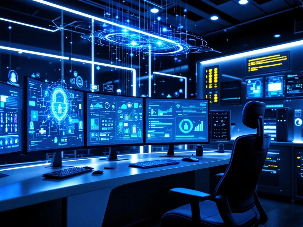 Modern cybersecurity command center with curved monitors displaying network diagrams and security interfaces in blue tones.