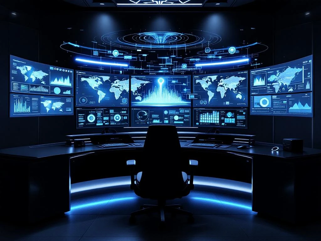 Modern cybersecurity command center with curved monitors displaying data visualizations and threat maps in blue interfaces