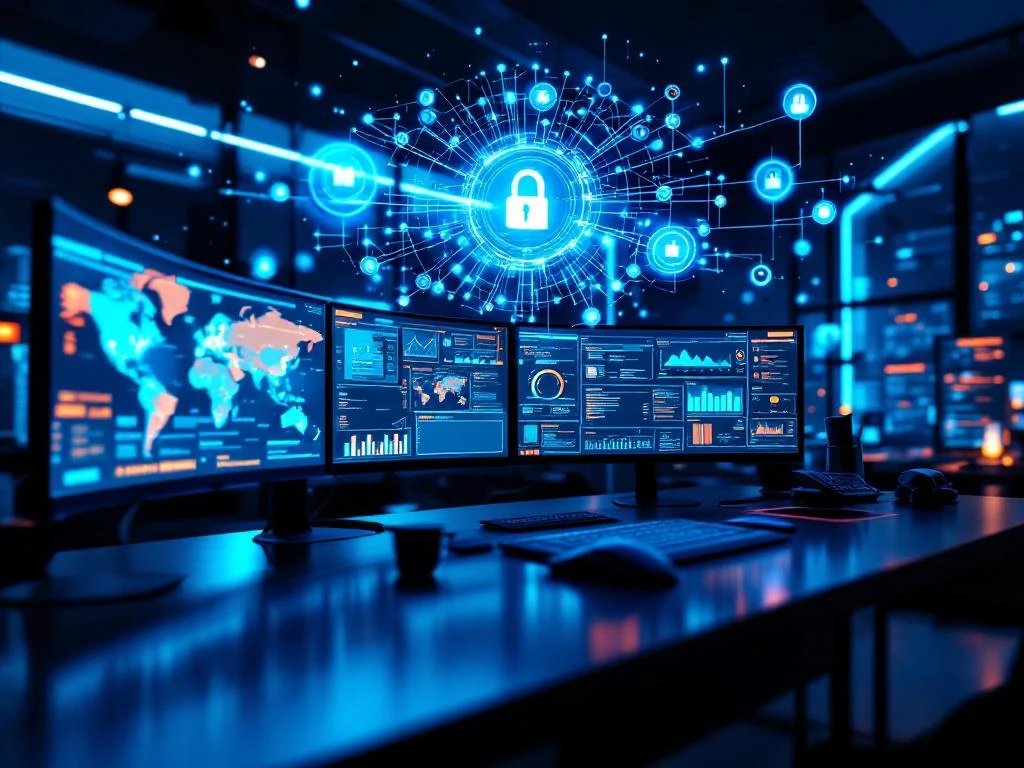 Modern cybersecurity command center with curved monitors displaying network maps and threat analysis dashboards in blue lighting.