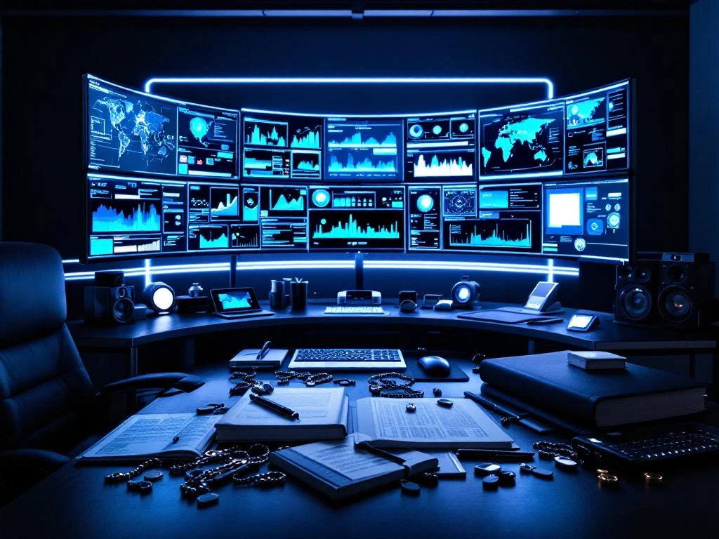 Cybersecurity command center with curved monitors displaying network analytics, modern workspace with LED lighting and professional tools