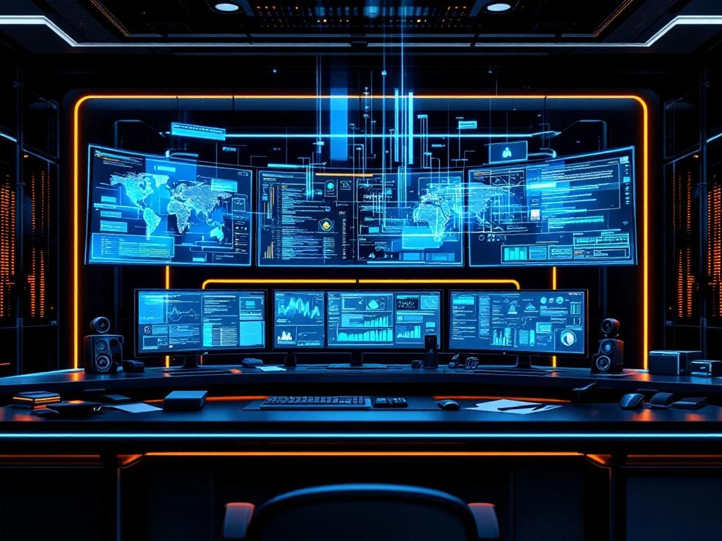 Modern cybersecurity command center with curved monitors displaying network analytics and code in blue lighting