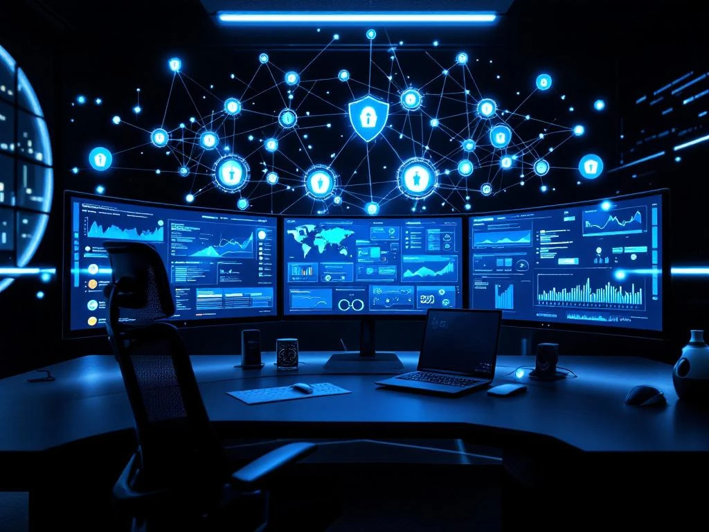 Modern cybersecurity command center with curved monitors displaying network dashboards and threat analytics in blue hues.