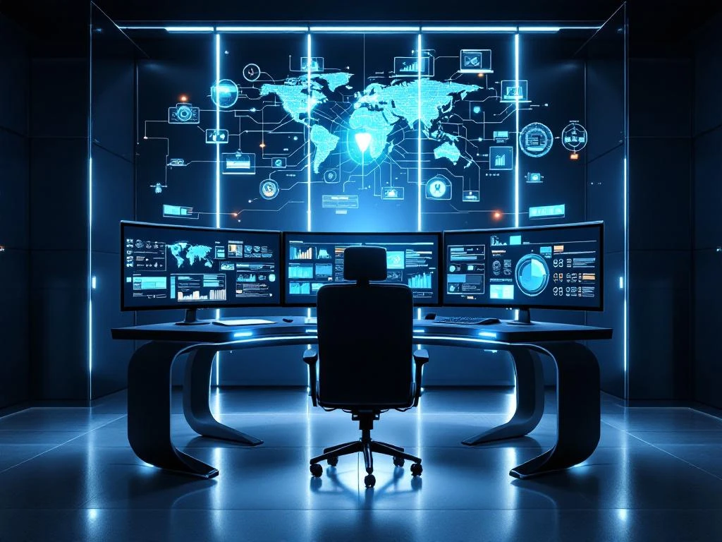 Modern cybersecurity command center with curved monitors displaying network data, threat maps, and analytics dashboards.
