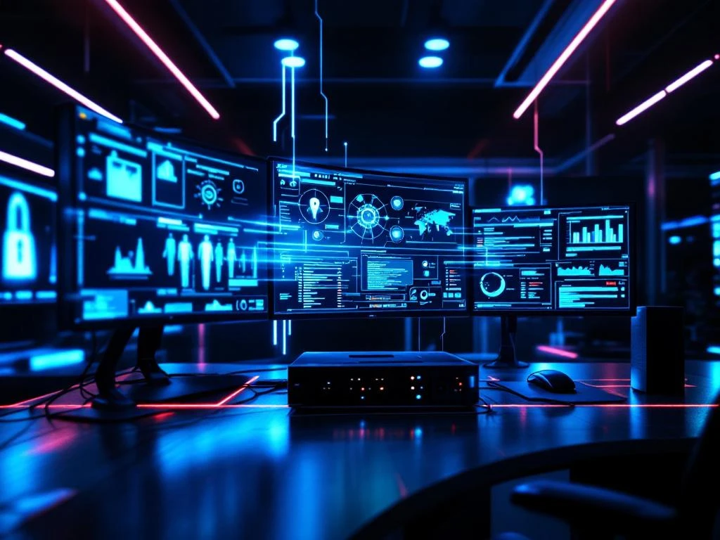 Modern cybersecurity command center with glowing monitors displaying network analytics and security dashboards in blue neon lighting.