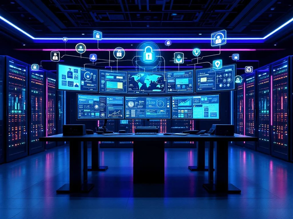 Modern cybersecurity command center with curved monitors displaying network dashboards and glowing server racks in blue lighting.
