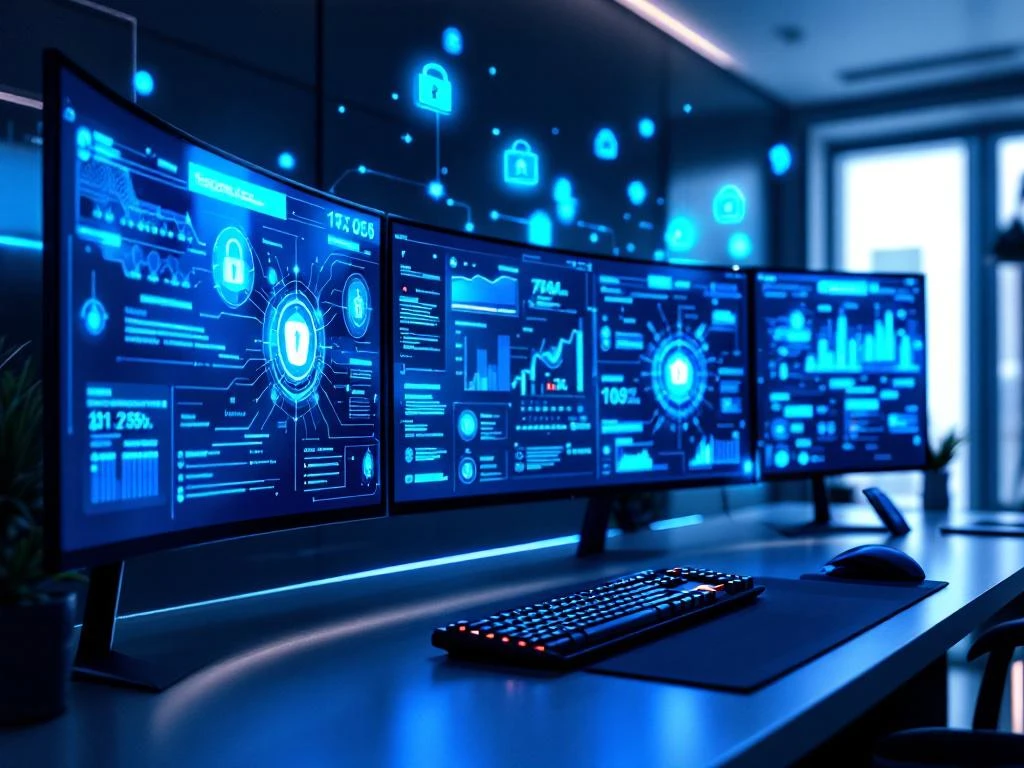 Modern cybersecurity command center with curved monitors displaying network security dashboards and glowing blue data streams