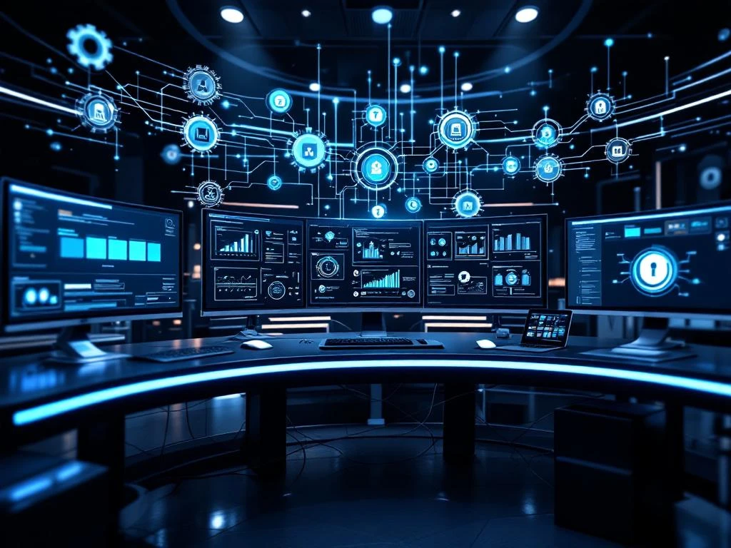 Modern cybersecurity command center with curved monitors displaying network diagrams and security dashboards in dark workspace