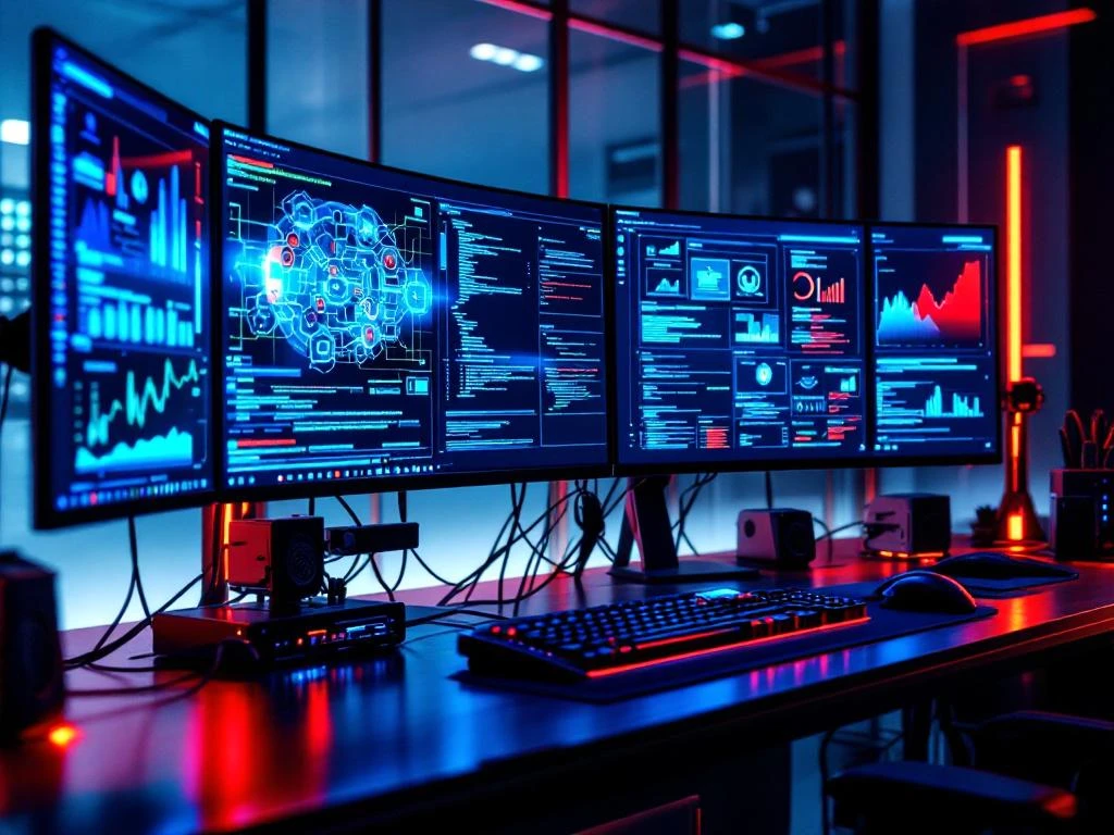 Modern cybersecurity command center with multiple monitors displaying network analytics and code in blue-green lighting