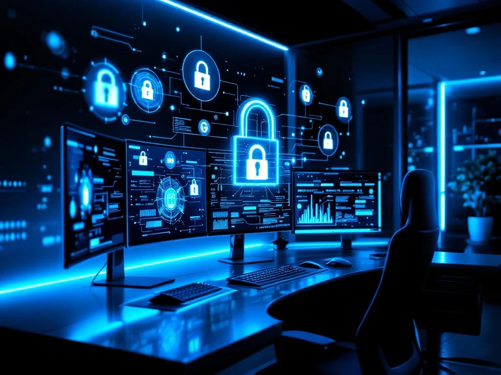 Modern cybersecurity command center with curved monitors displaying network data, holographic security icons, and blue LED lighting.