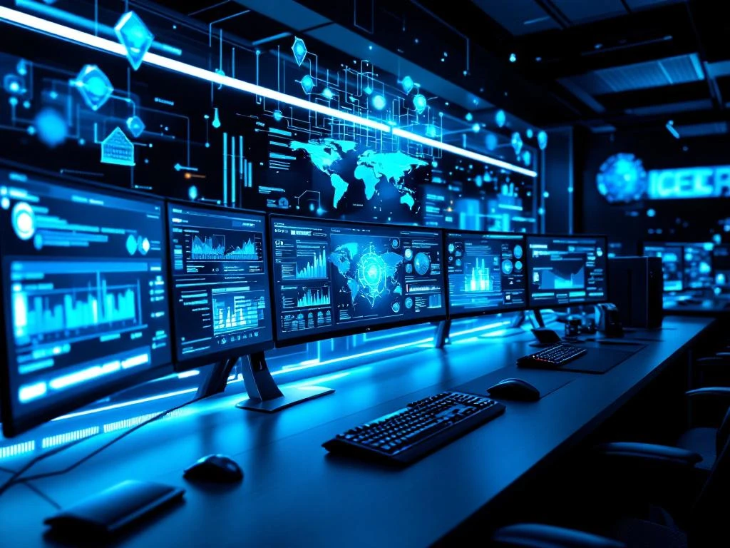 Modern cybersecurity command center with curved monitors displaying network data, LED lighting, and holographic threat intelligence displays.