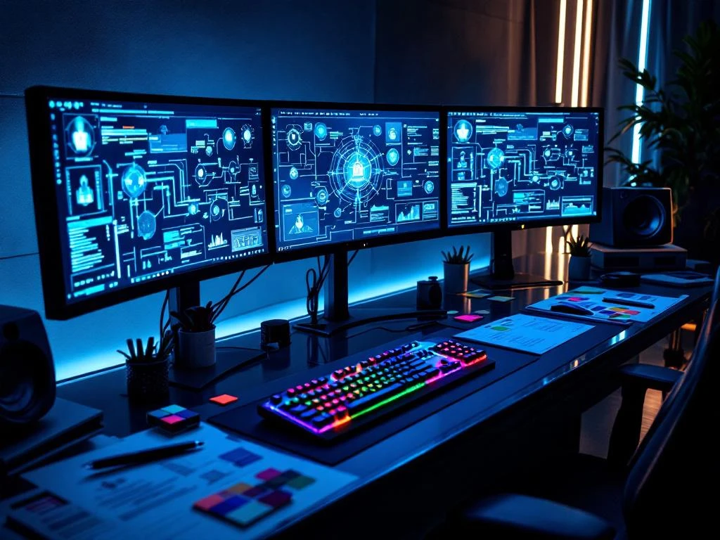 Cybersecurity command center with curved monitors showing network analytics, RGB keyboard, and creative tools on glass desk