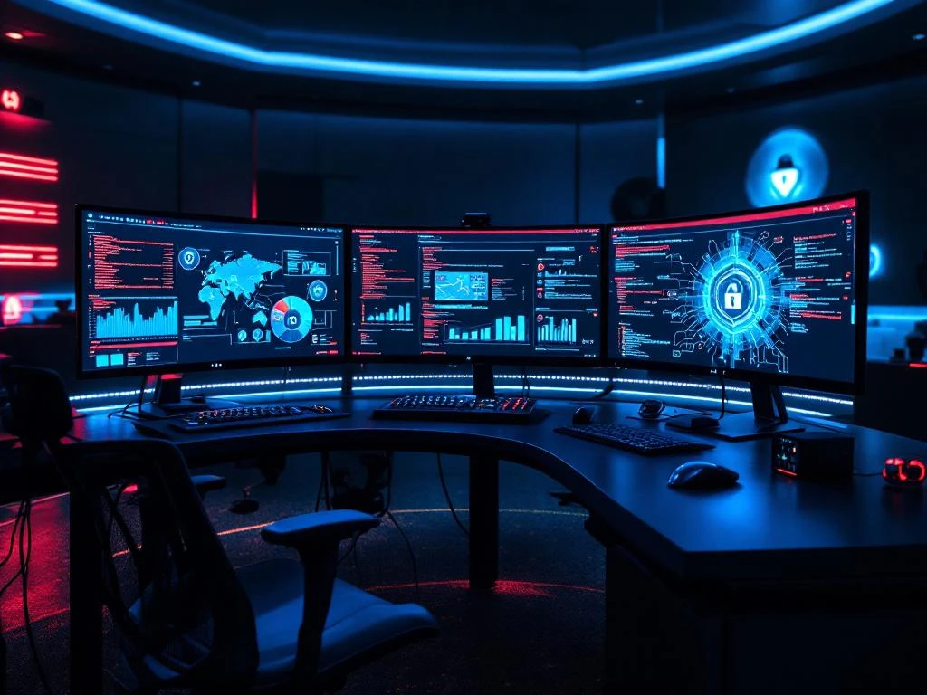 Modern cybersecurity command center with curved monitors displaying network analytics and code in blue and red lighting.