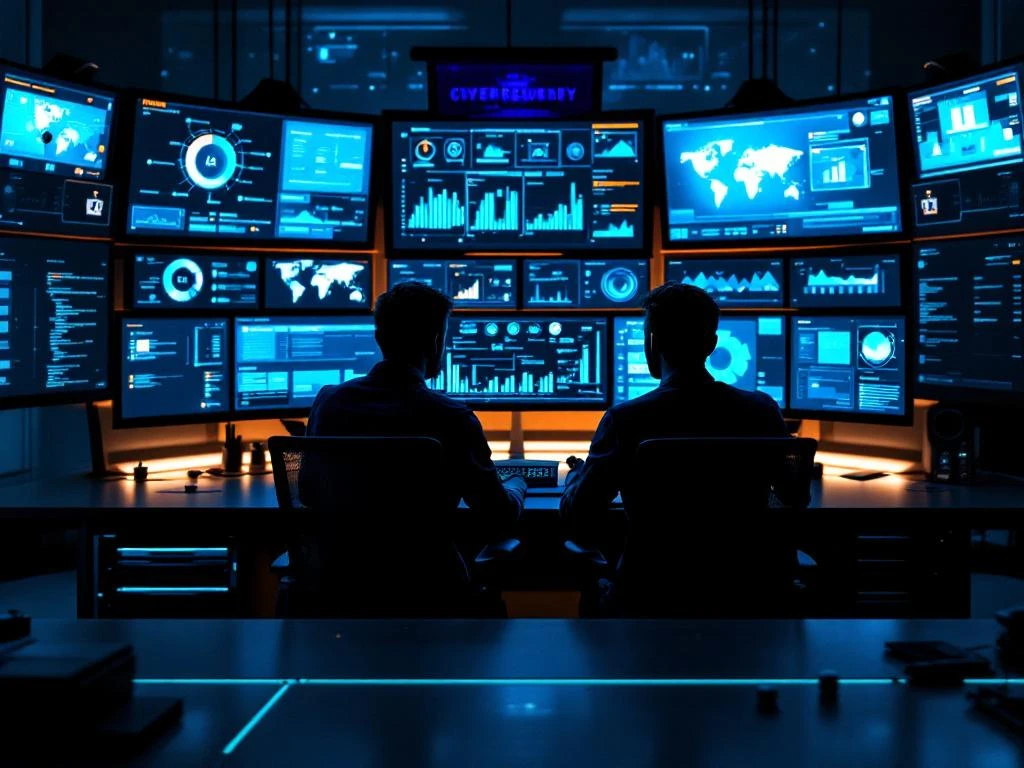 Two cybersecurity professionals collaborating at a high-tech command center with multiple monitors displaying code and security dashboards