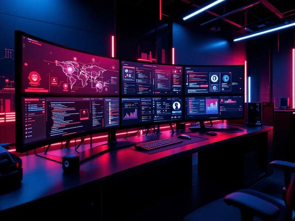 Cybersecurity command center with curved monitors displaying network diagrams and security dashboards with red warning alerts.