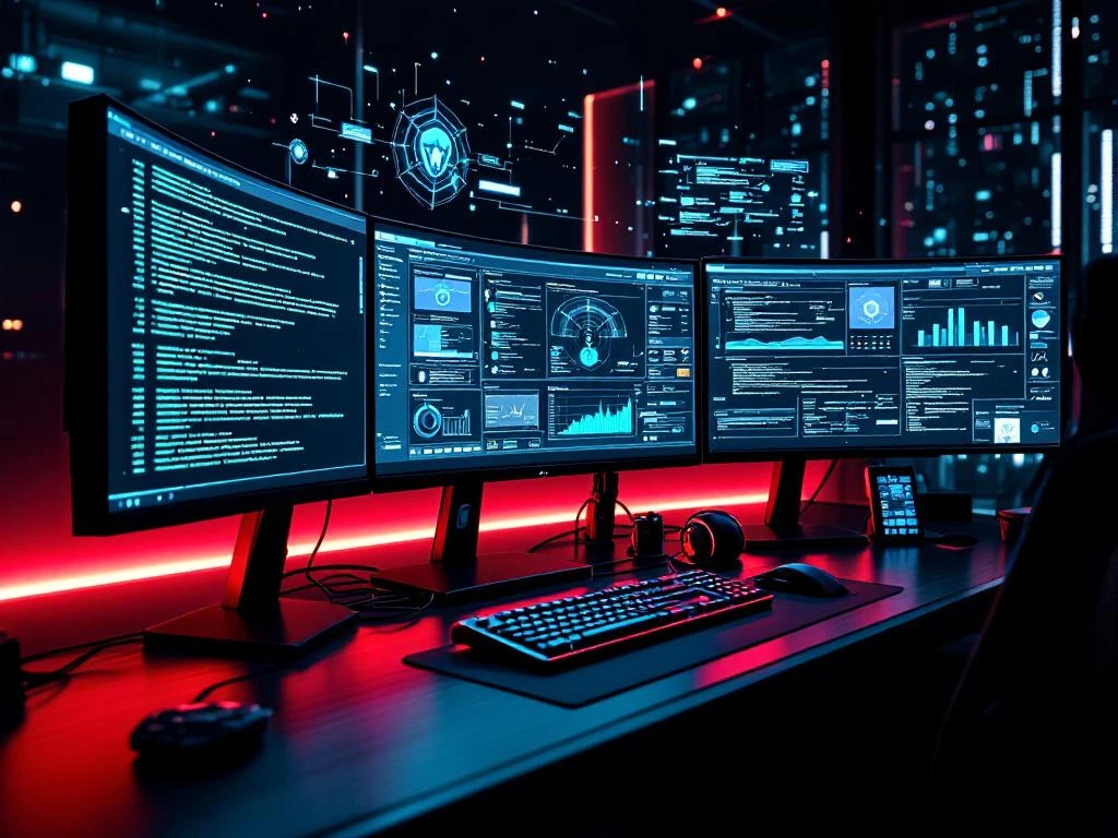 Modern cybersecurity command center with curved monitors displaying code matrices and network diagrams in blue-green hues.