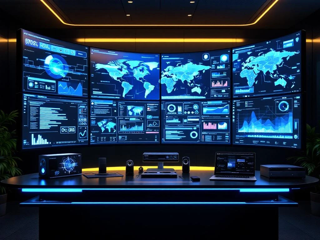 Modern cybersecurity command center with curved monitors displaying threat intelligence data, network maps, and security analytics dashboards.