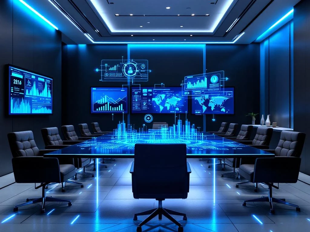 Modern conference room with holographic cybersecurity data charts floating above glass table and blue-lit monitors on walls.