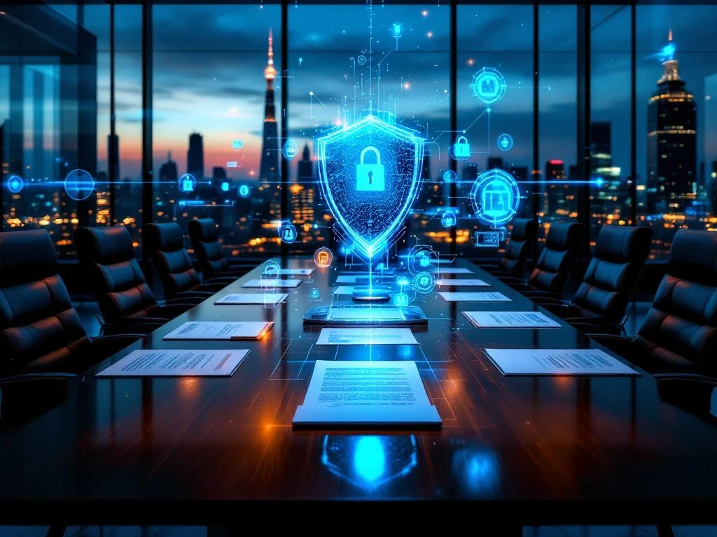 Modern law office conference room with holographic cybersecurity symbols above legal documents and digital screens displaying code