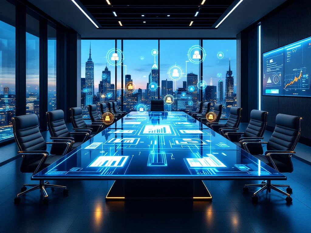 Modern law office conference room with holographic data charts above glass table, empty chairs with cybersecurity icons, city view.