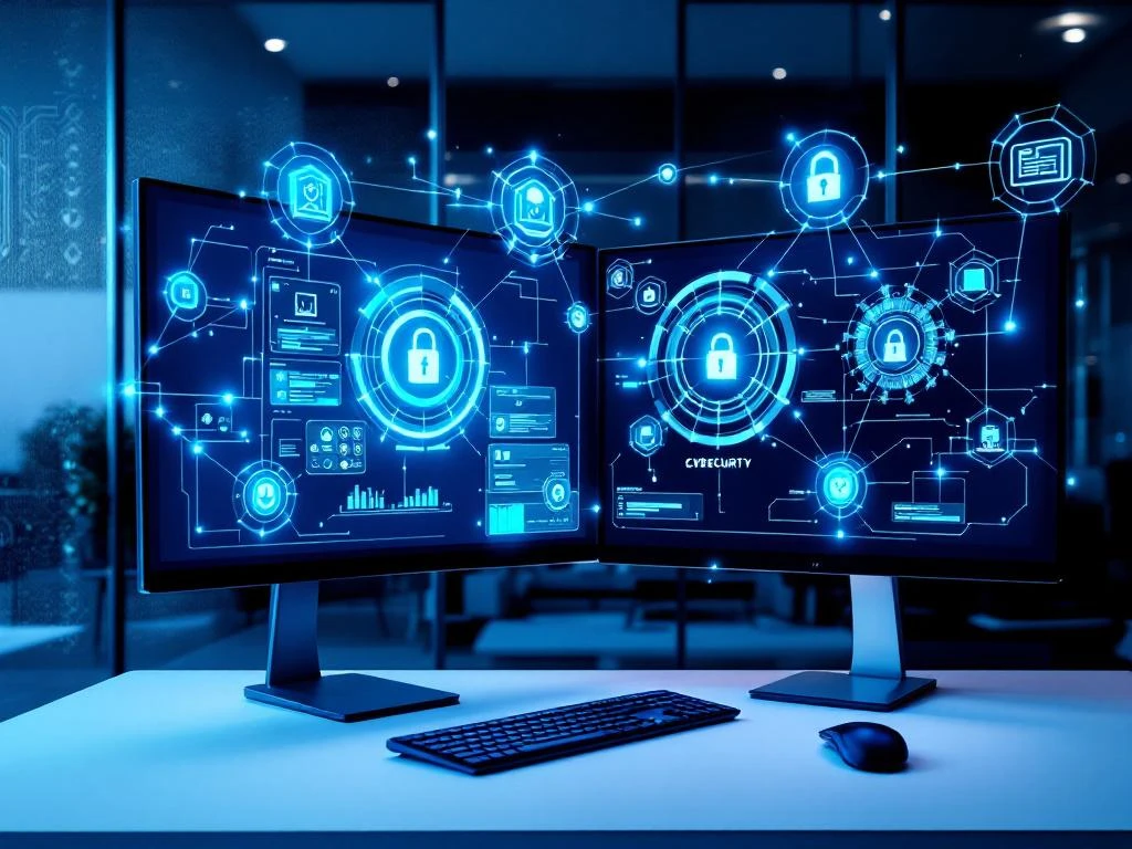 Modern office workspace with dual monitors showing cybersecurity dashboards and holographic blue network security interfaces