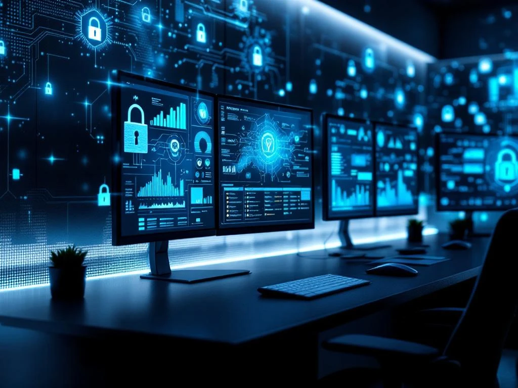 Modern office workspace with multiple monitors displaying cybersecurity network diagrams and digital security icons in blue tones
