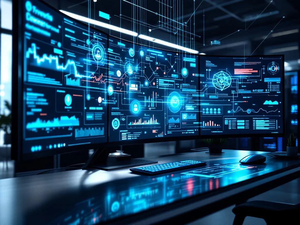 Modern office workspace with curved ultrawide monitors displaying data dashboards, AI servers with blue LEDs, and holographic interfaces