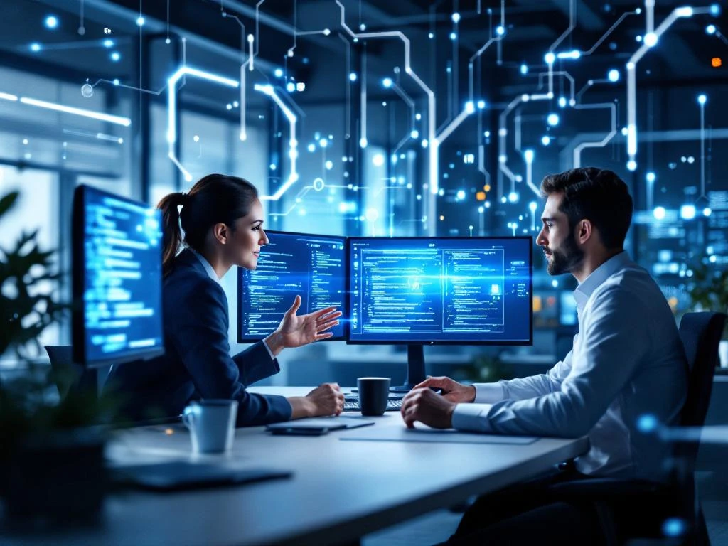Two business professionals collaborating at modern workstation with multiple monitors displaying code and AI interfaces