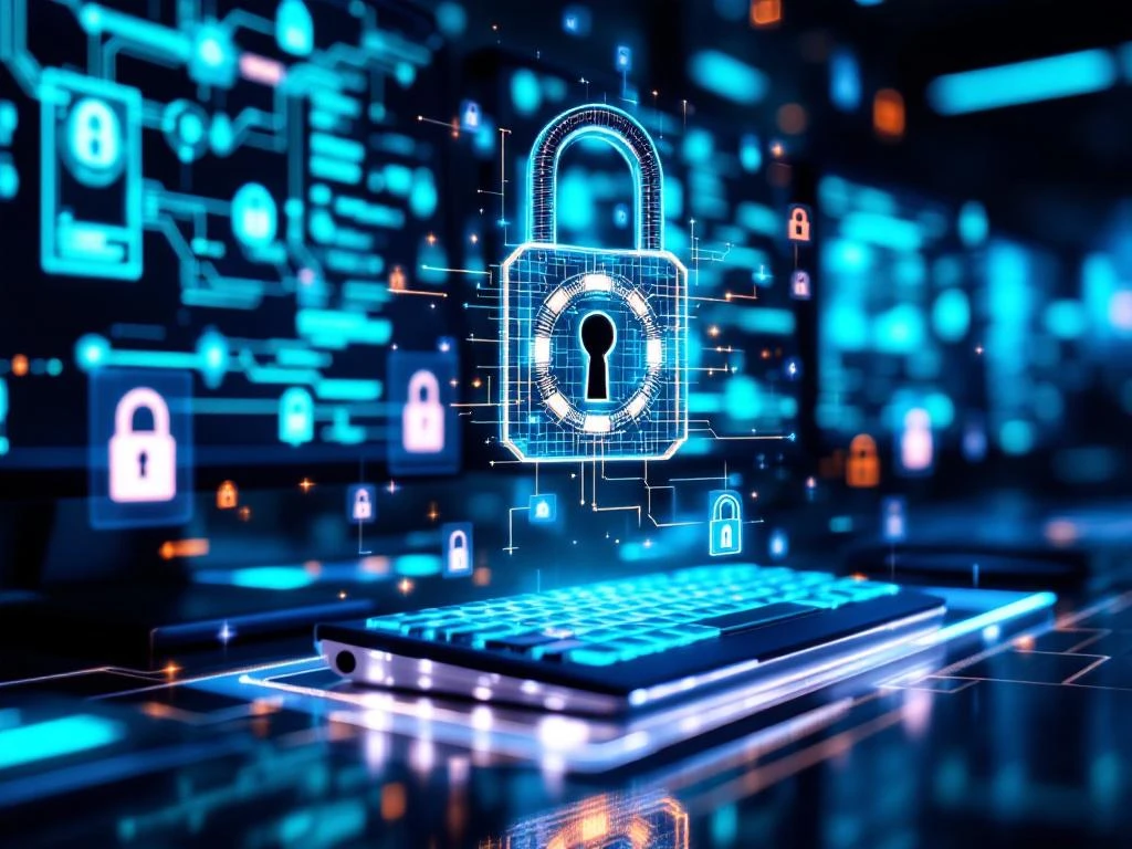 Modern cybersecurity workspace with glowing monitors showing network diagrams, digital lock, and holographic security symbols