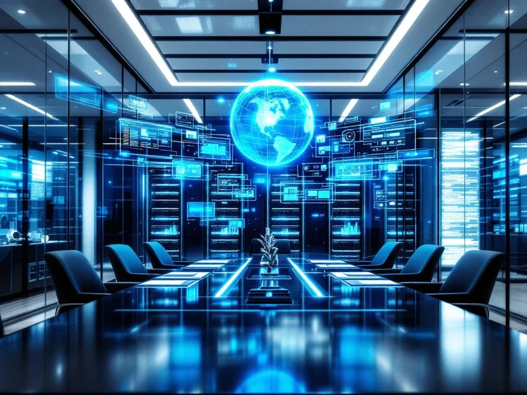 Modern law office with digital forensics monitors, glass conference room, and holographic data displays in blue lighting.