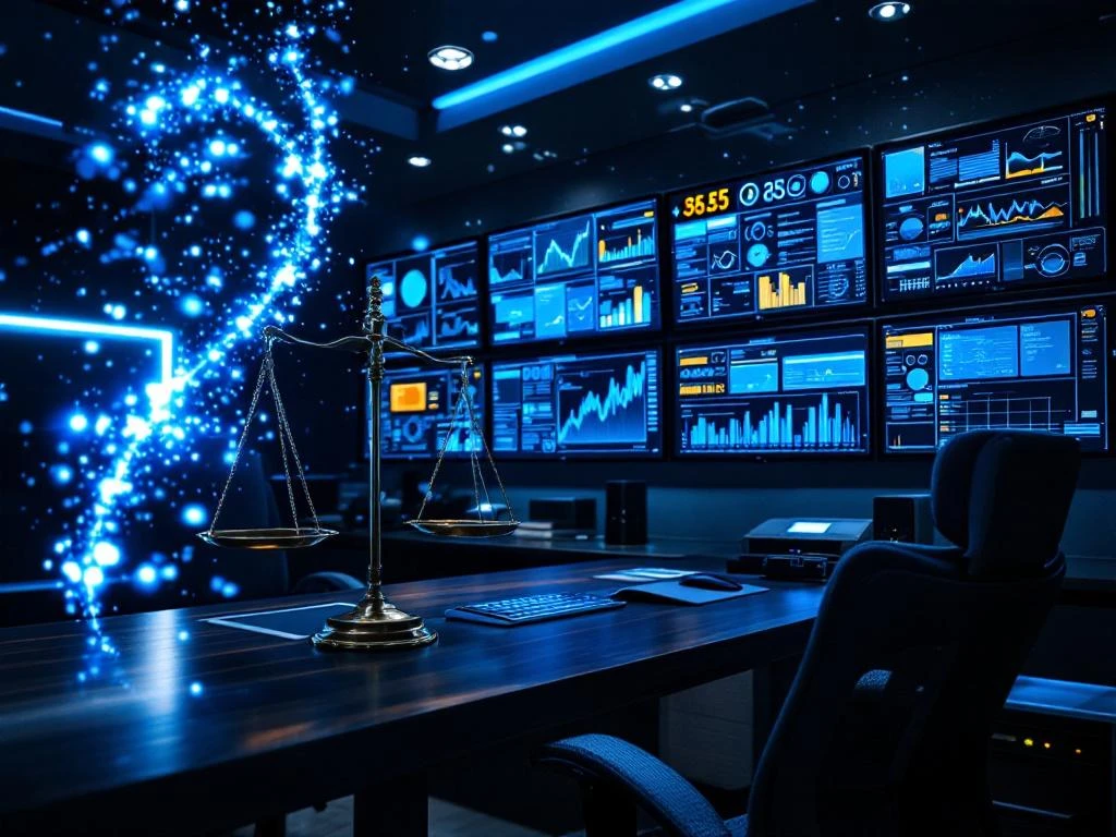 Modern law office with multiple monitors displaying legal data visualizations and digital evidence, featuring dark wood desk and blue LED lighting.