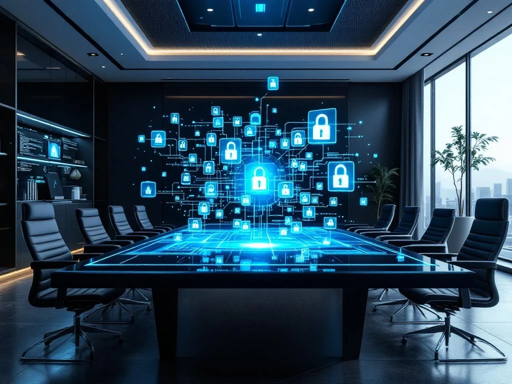 Modern law office conference room with holographic digital evidence files floating above glass table and cybersecurity monitors