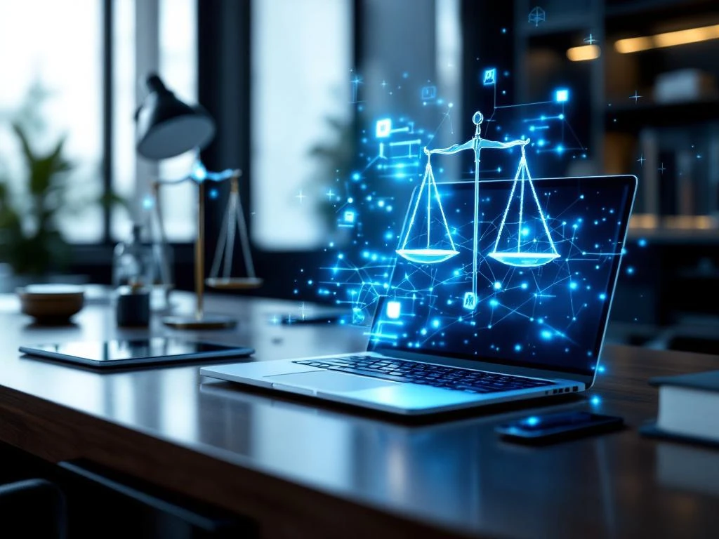 Modern legal office with mahogany desk, laptop showing AI interface, holographic scales of justice, and digital law books