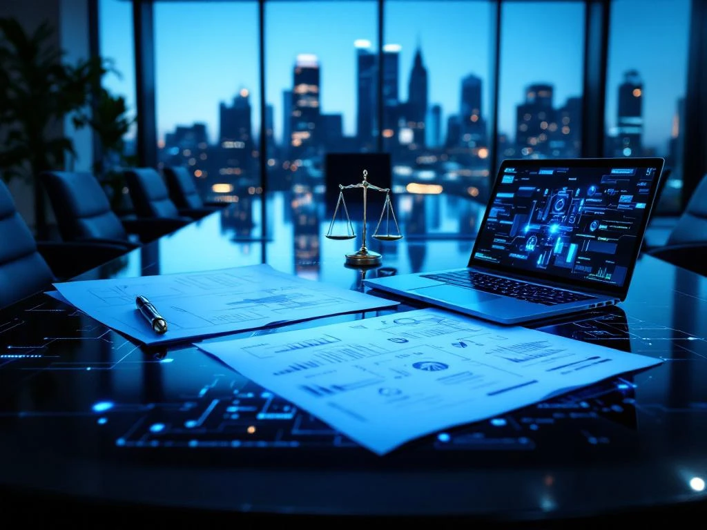 Modern office conference room with legal documents, engineering blueprints, laptop showing cybersecurity code, and city view