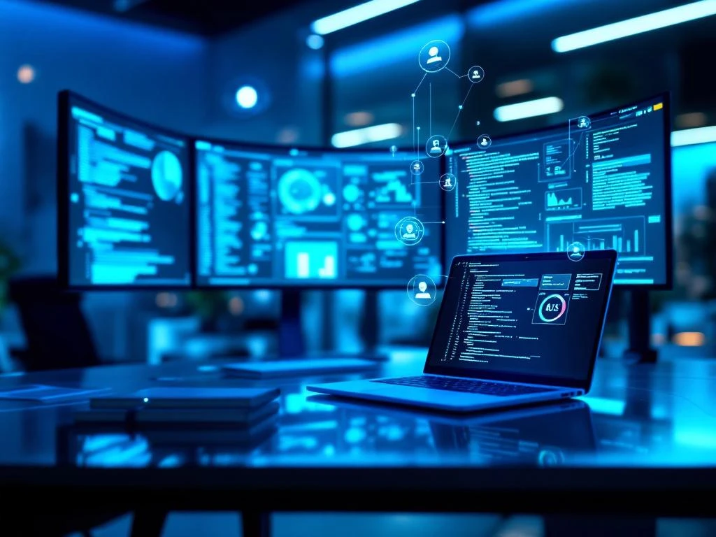 Modern legal tech office workspace with curved monitors displaying code and analytics on glass desk with holographic interfaces