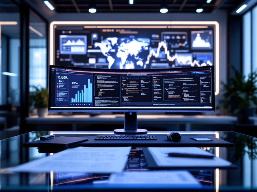 Modern law office with legal documents on glass desk, computer screens displaying AI data visualizations and cybersecurity monitors.