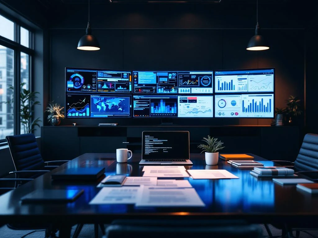 Modern legal office with multiple monitors displaying digital forensics data, conference table with documents and laptop.