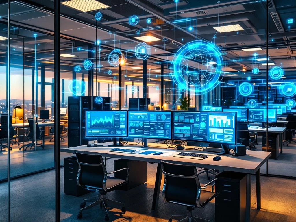 Modern office with dual-monitor workstations displaying data analytics, glass partitions separating departments, and servers in background.